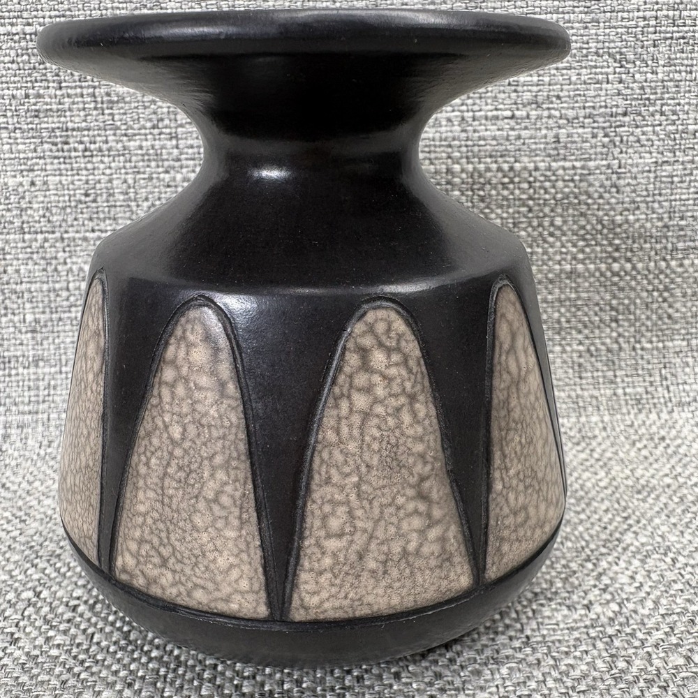 Mid-Century Modern Geometric Ceramic Bud‎ Vase Dark Brown Tan Crackle Glaze 4"